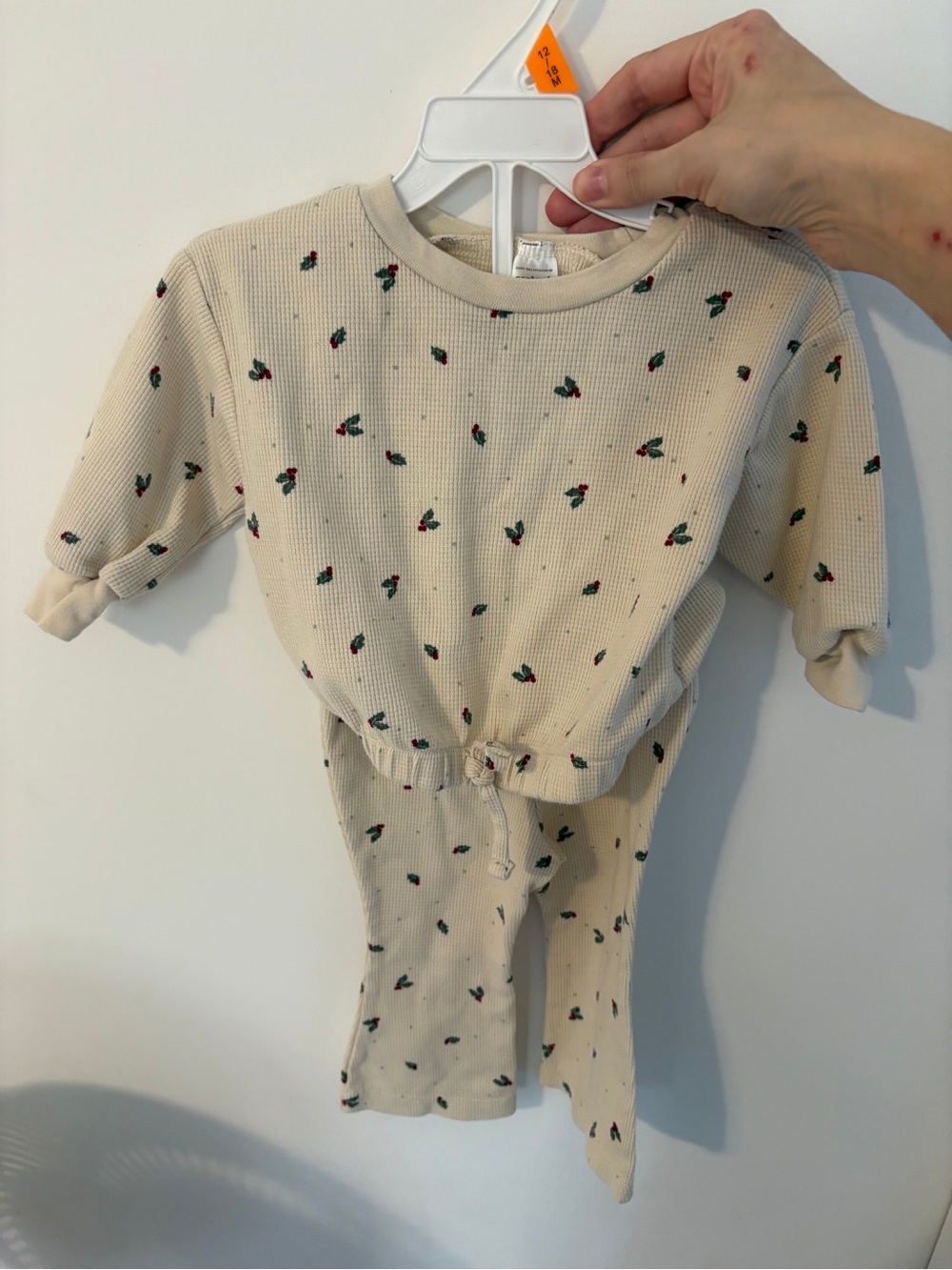 Carter's Cream Waffle Knit Long Sleeve Top with Red & Green Dots